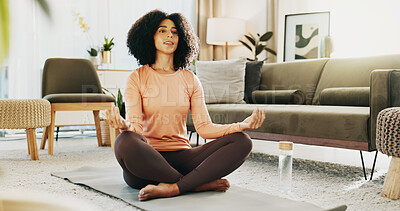 Buy stock photo Meditation, lotus pose and woman in house for breathing, balance or wellness in living room. Calm, health and female person with yoga exercise for relax, zen or self care for healing on mat in home.