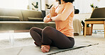 Prayer hands, yoga and woman in home for wellness, peace and health in morning for balance. Calm, namaste and female person with meditation pose for relax, zen or mindfulness in living room at house.