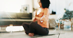 Incense, meditate and woman in home lounge for wellness, self care and lotus for zen. Female person, yoga and smoke for aromatherapy to relax, meditation and calm in house with aroma or scent