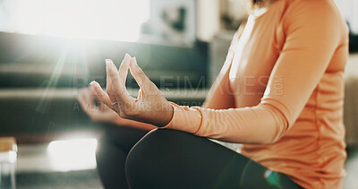 Buy stock photo Meditation, hands and woman with lotus pose in home for calm, relax or mindfulness in morning. Peace, yoga and female person in living room with self care, health or wellness in healing at apartment.
