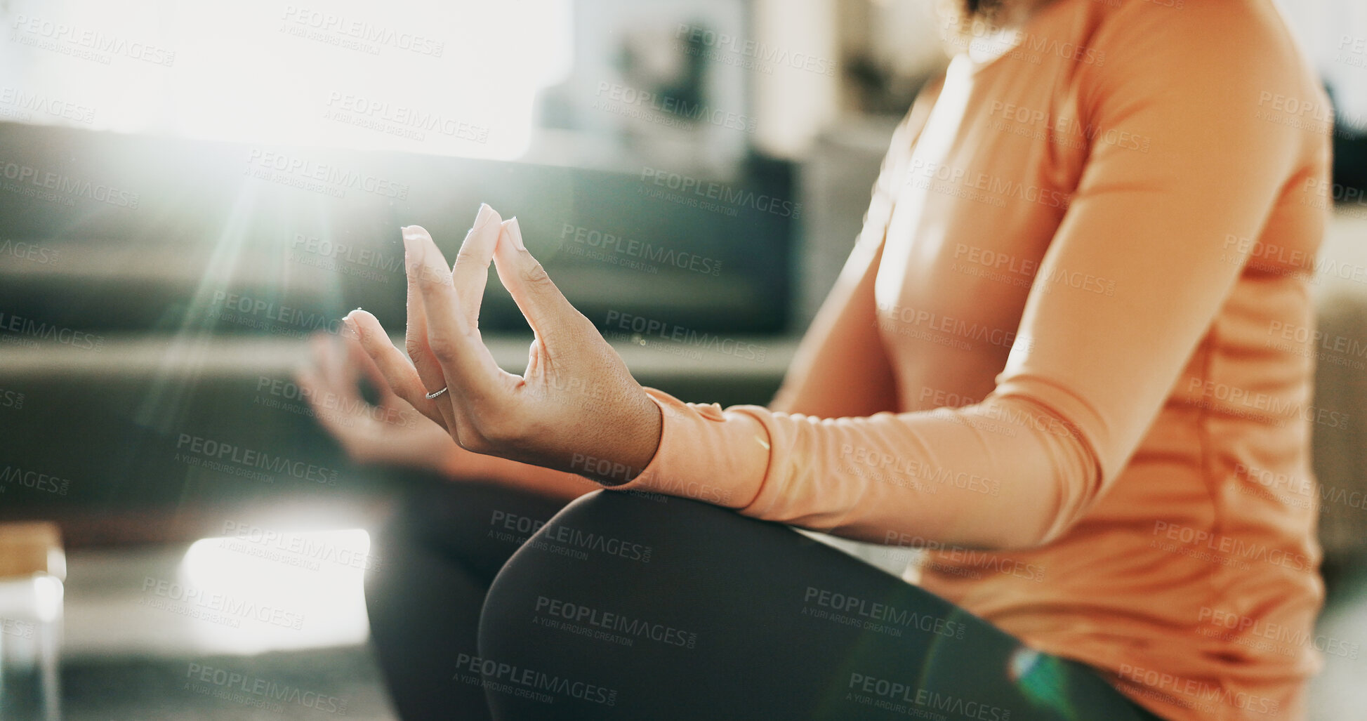 Buy stock photo Meditation, hands and woman with lotus pose in home for calm, relax or mindfulness in morning. Peace, yoga and female person in living room with self care, health or wellness in healing at apartment.