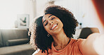 Happy, selfie and portrait of woman in home with relax on holiday, leave or weekend break with memory. Smile, calm and female person with photography picture for social media post in apartment.