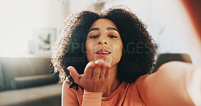 Buy stock photo Selfie, portrait and woman blowing kiss in home for social media, vlog POV or online flirting. Happy, love gesture and female person with photography picture for memory in living room at apartment.