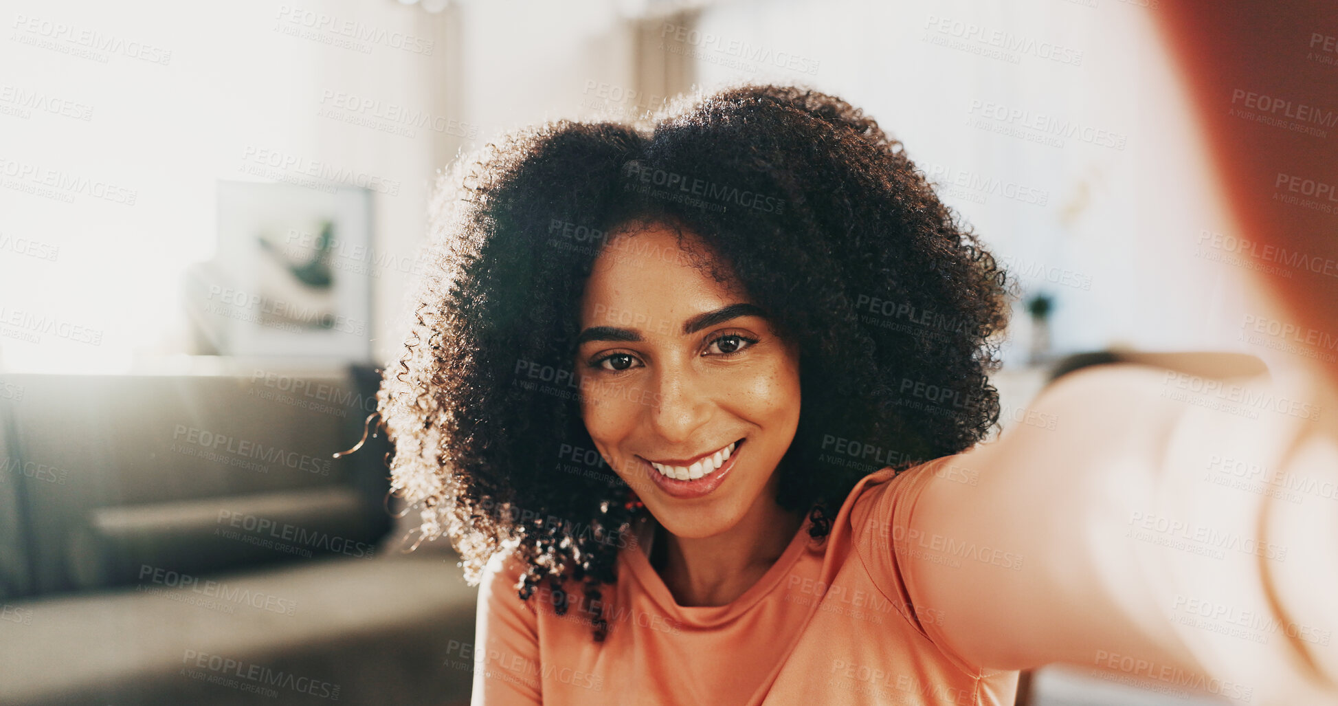 Buy stock photo Smile, selfie and portrait of woman in home with relax on holiday, POV or weekend break with memory. Happy, calm and female person with photography picture for social media post in apartment.