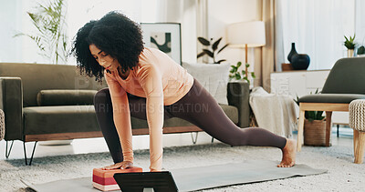 Buy stock photo Woman, yoga and block in house with tablet, online class or stretching for holistic health on floor. Fitness, person and balance exercise in living room with lunge, pilates or tech for video tutorial