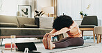 Woman, yoga and stretching in living room with tablet, wellness and online class for holistic health. Active, person and warm up in home with pilates preparation, fitness and tech for video tutorial.