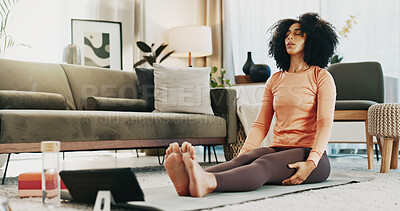 Buy stock photo Woman, yoga mat and tablet at house for wellness, tutorial or online course for holistic fitness on floor. Person, tech and virtual class for breathing exercise, streaming subscription or app in home