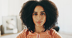 Serious, yoga and portrait of woman in home with prayer hands for calm, relax or mindfulness. Meditation, exercise and female person in living room with self care, peace or wellness in apartment.