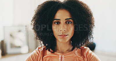 Buy stock photo Serious, yoga and portrait of woman in home with prayer hands for calm, relax or mindfulness. Meditation, exercise and female person in living room with self care, peace or wellness in apartment.