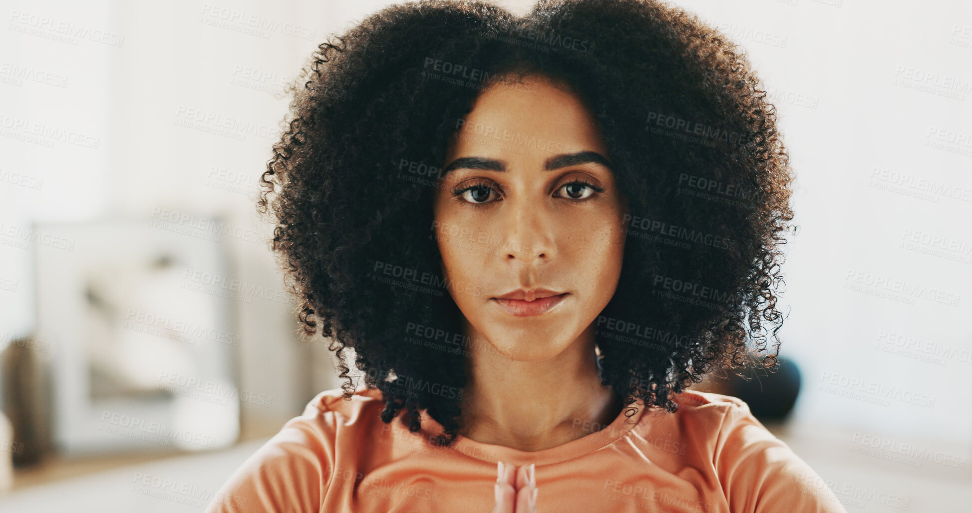 Buy stock photo Serious, yoga and portrait of woman in home with prayer hands for calm, relax or mindfulness. Meditation, exercise and female person in living room with self care, peace or wellness in apartment.
