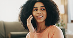 Thinking, phone call and woman in home for communication, gossip or networking in living room. Relax, cellphone and person on mobile conversation for catch up, contact or connection in apartment.