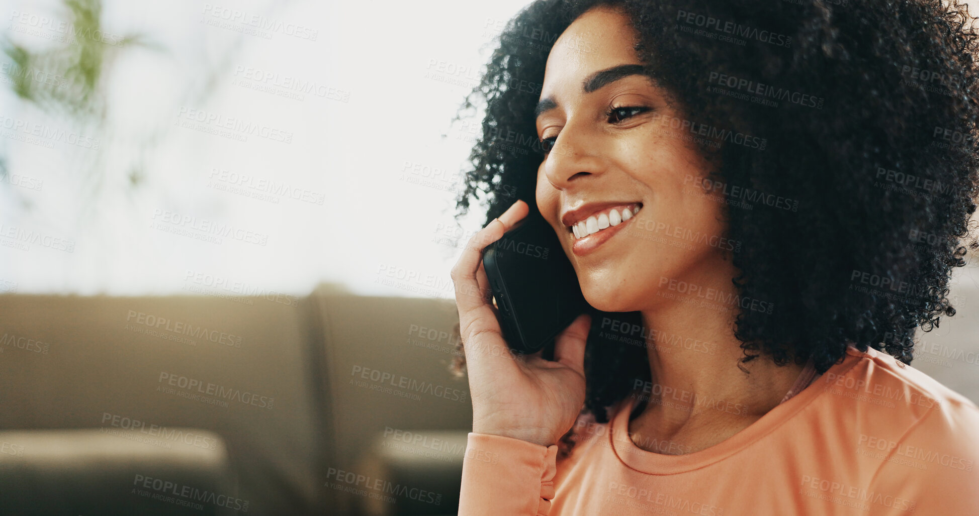 Buy stock photo Smile, phone call and woman in home for communication, gossip or networking in living room. Happy, cellphone and female person on mobile conversation for catch up, contact or connection in apartment.