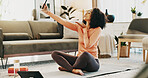 Selfie, kiss and woman in home for fitness, memory or profile picture on social media after exercise. Influencer, online and African person with pout on break, photography and post workout in house