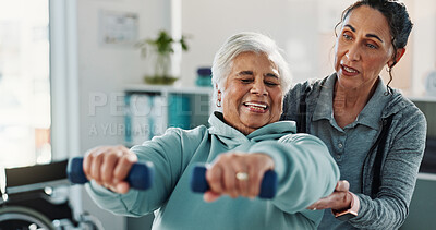Buy stock photo Old woman, physiotherapist and support with dumbbells at clinic for exercise, happy or recovery for injury. People, healthcare professional and tech with help, strength training and rehabilitation