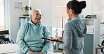 Old woman, laugh and physiotherapist with tablet in office for good news, medical results or progress. Smile, senior person and checkup with chiropractor, funny joke and healthcare report for healing
