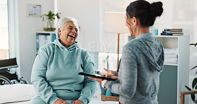 Buy stock photo Old woman, laugh and physiotherapist with tablet in office for good news, medical results or progress. Smile, senior person and checkup with chiropractor, funny joke and healthcare report for healing