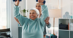 Old woman, physiotherapist and smile with dumbbells at clinic for exercise, support or recovery for injury. People, healthcare professional and happy with help, strength training and rehabilitation
