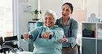Old woman, physiotherapist and happy with dumbbells at clinic for exercise, support or recovery for injury. People, healthcare professional and smile with help, strength training and rehabilitation