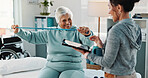 Woman, physiotherapist and resistance band with tablet for progress, report and stats for recovery. People, mature patient with a disability and exercise for injury, rehabilitation and app at clinic