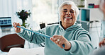 Woman, physiotherapy and resistance band with smile for progress, medical service and recovery. People, mature patient with a disability and exercise for injury, rehabilitation and gear at clinic