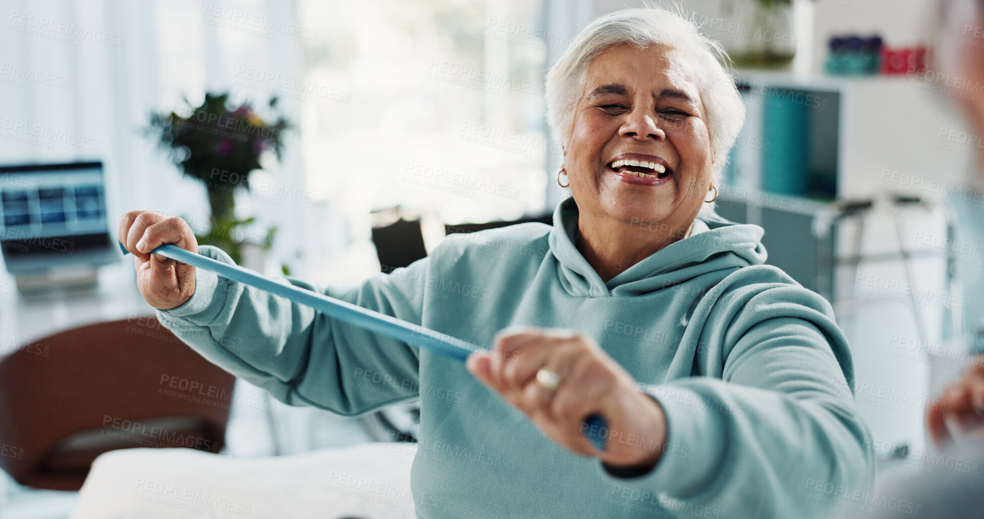 Buy stock photo Woman, physiotherapy and stretching with smile for progress, medical service and recovery. People, mature patient and exercise for injury support, rehabilitation and resistance band gear at clinic