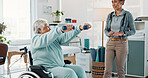 Old woman, physiotherapist and wheelchair for dumbbells for recovery, support or injury at hospital. Senior person with disability, guide and smile for motivation, healing or rehabilitation at clinic