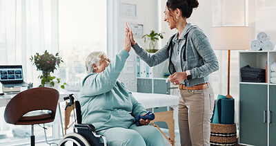 Buy stock photo Old woman, physiotherapist and wheelchair with high five at clinic in consultation, excited and support. Person with disability, thanks and motivation for goal, success or rehabilitation for recovery