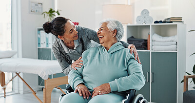 Buy stock photo Physiotherapist, laugh and old woman in clinic with wheelchair, funny joke and support for recovery. Happy, healthcare worker and senior person with disability, humor and advice for physical therapy.