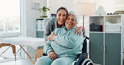 Buy stock photo Portrait, physiotherapist and senior woman in wheelchair at office for rehabilitation, support or healthcare. Smile, clinic and chiropractor hug elderly female patient with disability for checkup.