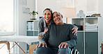 Portrait, physiotherapist and old man in clinic with wheelchair, support and wellness for recovery. Happy, healthcare worker and elderly person with disability, healing and help for physical therapy.