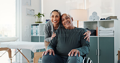 Buy stock photo Portrait, physiotherapist and old man in clinic with wheelchair, support and wellness for recovery. Happy, healthcare worker and elderly person with disability, healing and help for physical therapy.