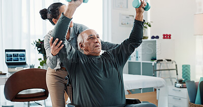 Buy stock photo Man, physiotherapist and weights with help for progress, medical service for recovery. People, mature patient with a disability and dumbbell exercise for injury, rehabilitation and gear at clinic