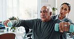Man, physiotherapist and weights with exercise for progress, medical service for recovery. People, mature patient with a disability and dumbbell help for injury, rehabilitation and gear at clinic