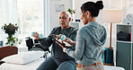 Man, physiotherapist and weights with tablet for progress, medical service and recovery. People, mature patient with a disability and dumbbell exercise for injury, rehabilitation and app at clinic