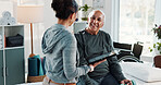 Physiotherapist, tablet and old man in clinic with smile, conversation or medical research for recovery. Healthcare worker, happy and senior person with tech, discussion or help for physical therapy.