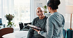 Physiotherapist, tablet and old man in clinic with advice, medical report and feedback for recovery. Healthcare worker, tech and senior person with healing, discussion and help for physical therapy.