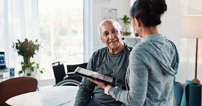 Buy stock photo Physiotherapist, tablet and old man in clinic with advice, medical report and feedback for recovery. Healthcare worker, tech and senior person with healing, discussion and help for physical therapy.