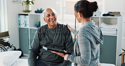 Buy stock photo Physiotherapist, tablet and old man in clinic with support, medical advice and feedback for recovery. Healthcare worker, tech and elderly person with healing, wellness and help for physical therapy.