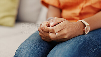 Buy stock photo Hands, nervous and woman on sofa, home and anxiety with concern, stress and worry. Apartment, fear and person with depression, mental health and sad in living room for grief, loss and emotional