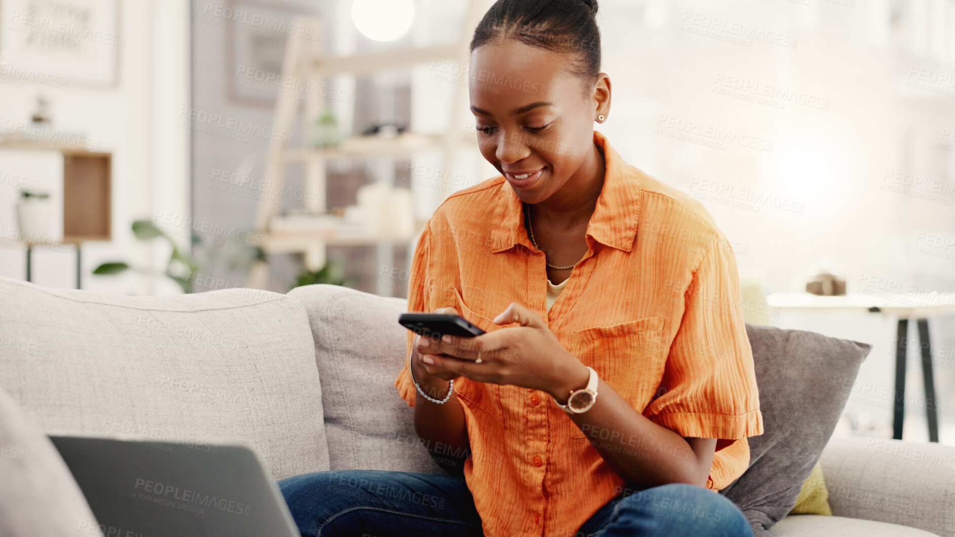 Buy stock photo Freelancer, texting and woman with phone in lounge, online and communication with client for design. Logo designer, remote work and black person with mobile for chat, home and digital message on web