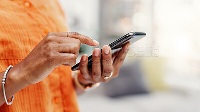 Buy stock photo Hands, phone and woman in home, internet for social media and digital app for communication. Mobile user, apartment and person in living room, connection and message to contact and online chatting