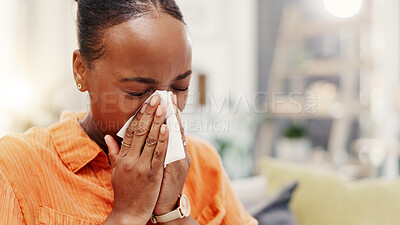 Buy stock photo Sick, sneeze and black woman in home with tissue for viral infection, allergies and sinusitis on sofa. Apartment, space and person with napkin for blowing nose with cold, illness and flu season