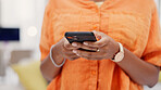 Hands, phone and woman in lounge, internet for social media and digital app for communication. Mobile user, home and person with connection, algorithm and message to contact and online chatting