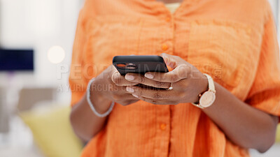 Buy stock photo Hands, phone and woman in lounge, internet for social media and digital app for communication. Mobile user, home and person with connection, algorithm and message to contact and online chatting