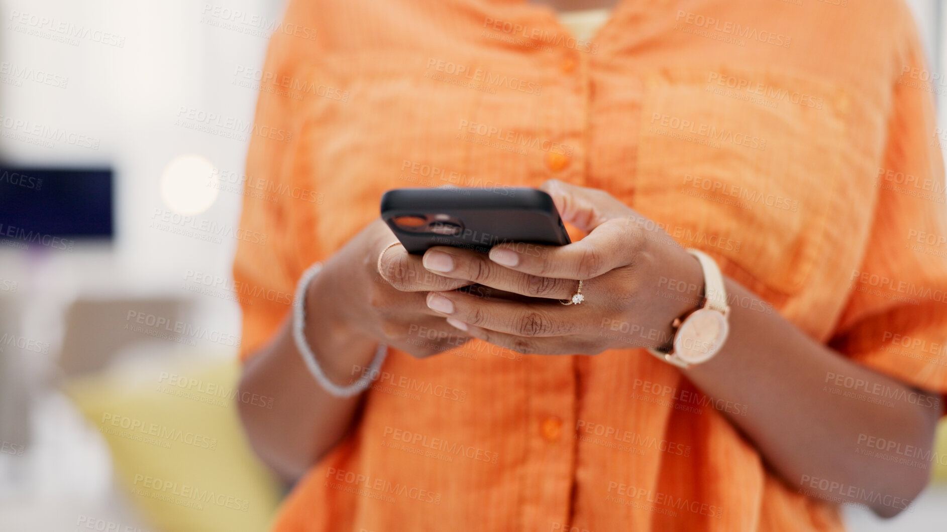Buy stock photo Hands, phone and woman in lounge, internet for social media and digital app for communication. Mobile user, home and person with connection, algorithm and message to contact and online chatting