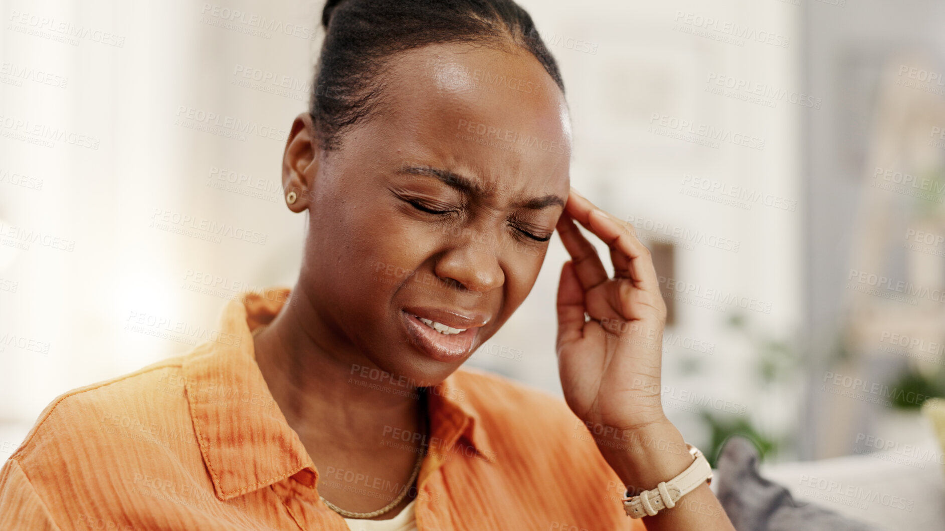 Buy stock photo Headache, frustrated and black woman in home with tension for burnout, migraine and health risk. House, stress and person with head pain, brain fog and vertigo and massage temples for pressure