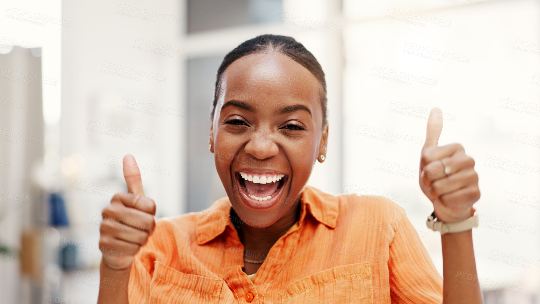 Buy stock photo Portrait, excited and black woman in home, thumbs up for agreement and sign for like. Apartment, facial expression and African person in living room, hand gesture for success and emoji for well done