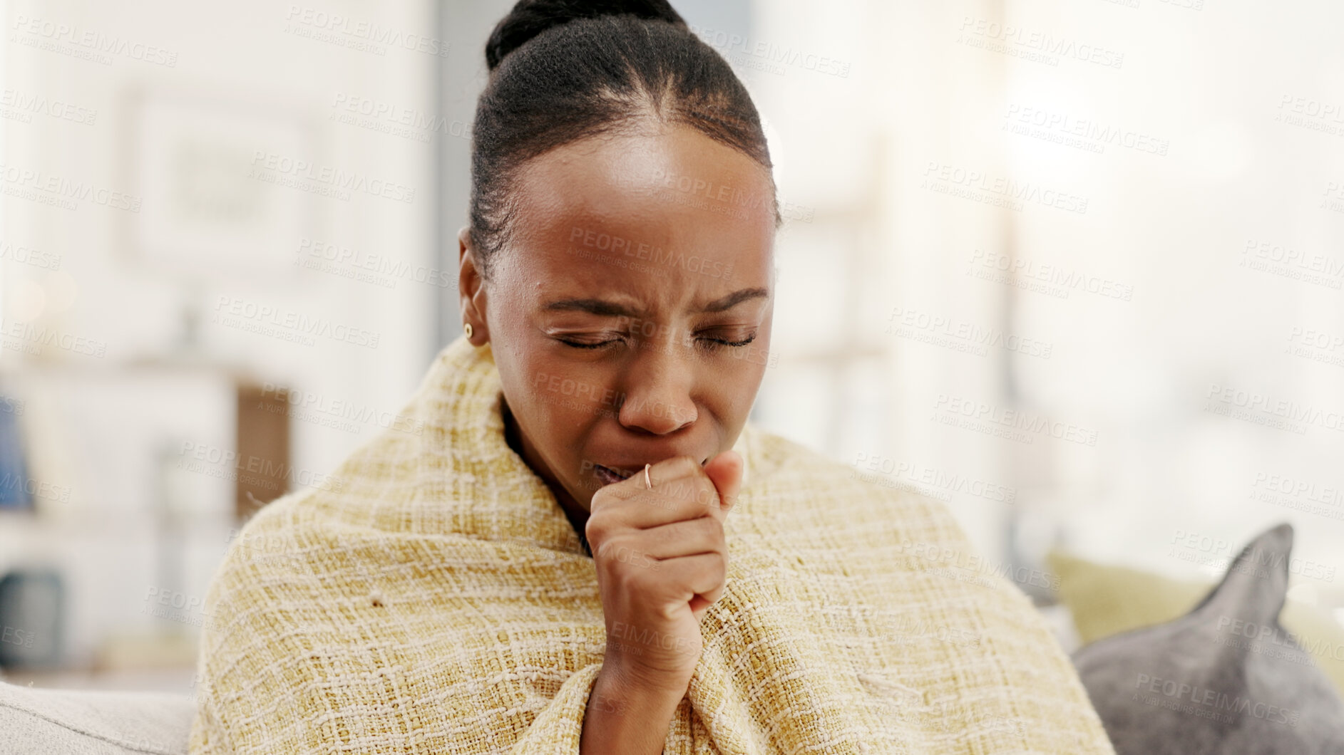 Buy stock photo Sick, cough and black woman in home with blanket for virus, congestion and chest infection. Apartment, health and person with respiratory disease for recovery, healing and rest on couch in flu season