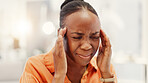 Headache, stress and black woman in home with pressure for burnout, medical crisis and health risk. House, fatigue and person with head pain, brain fog and migraine and massage temples for strain
