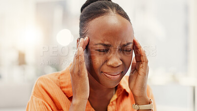 Buy stock photo Headache, stress and black woman in home with pressure for burnout, medical crisis and health risk. House, fatigue and person with head pain, brain fog and migraine and massage temples for strain